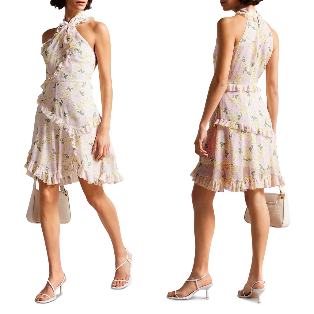Nwt Ted Baker Multi Floral Chiffon Suttonn Twist Neck Ruffle Mini Dress 5 /Us 12